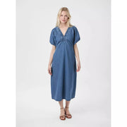Neo Noir Illana Denim Midi Dress – Ruched V-Neck Puff Sleeves A-Line | Women