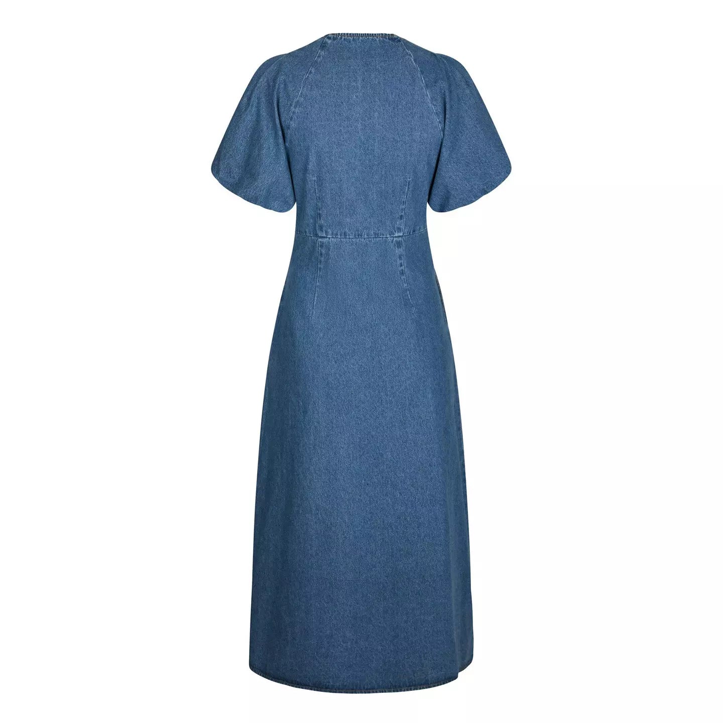Neo Noir Illana Denim Midi Dress – Ruched V-Neck Puff Sleeves A-Line | Women