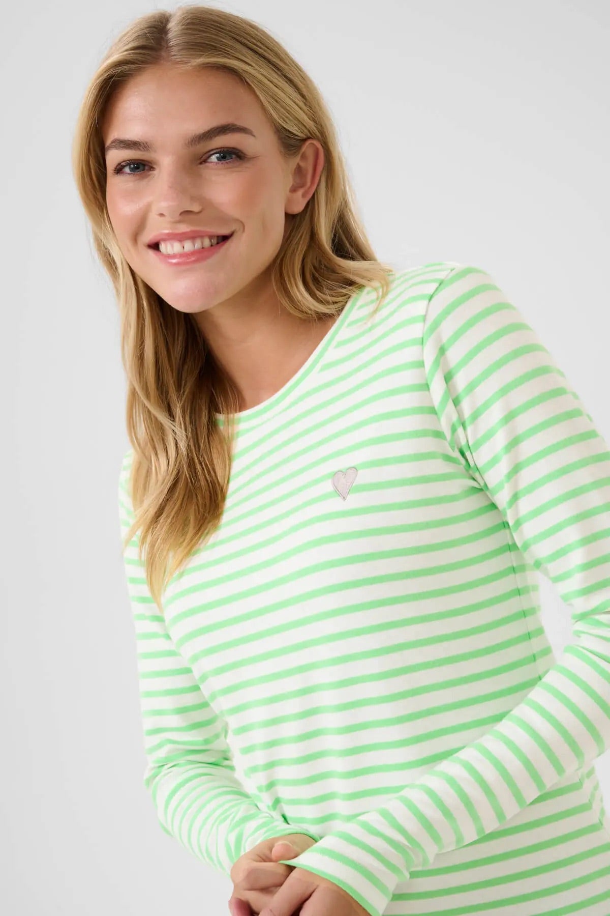 Kaffe Liddy Green White Stripe Long Sleeve Top – Round Neck Heart Embroidery | Women