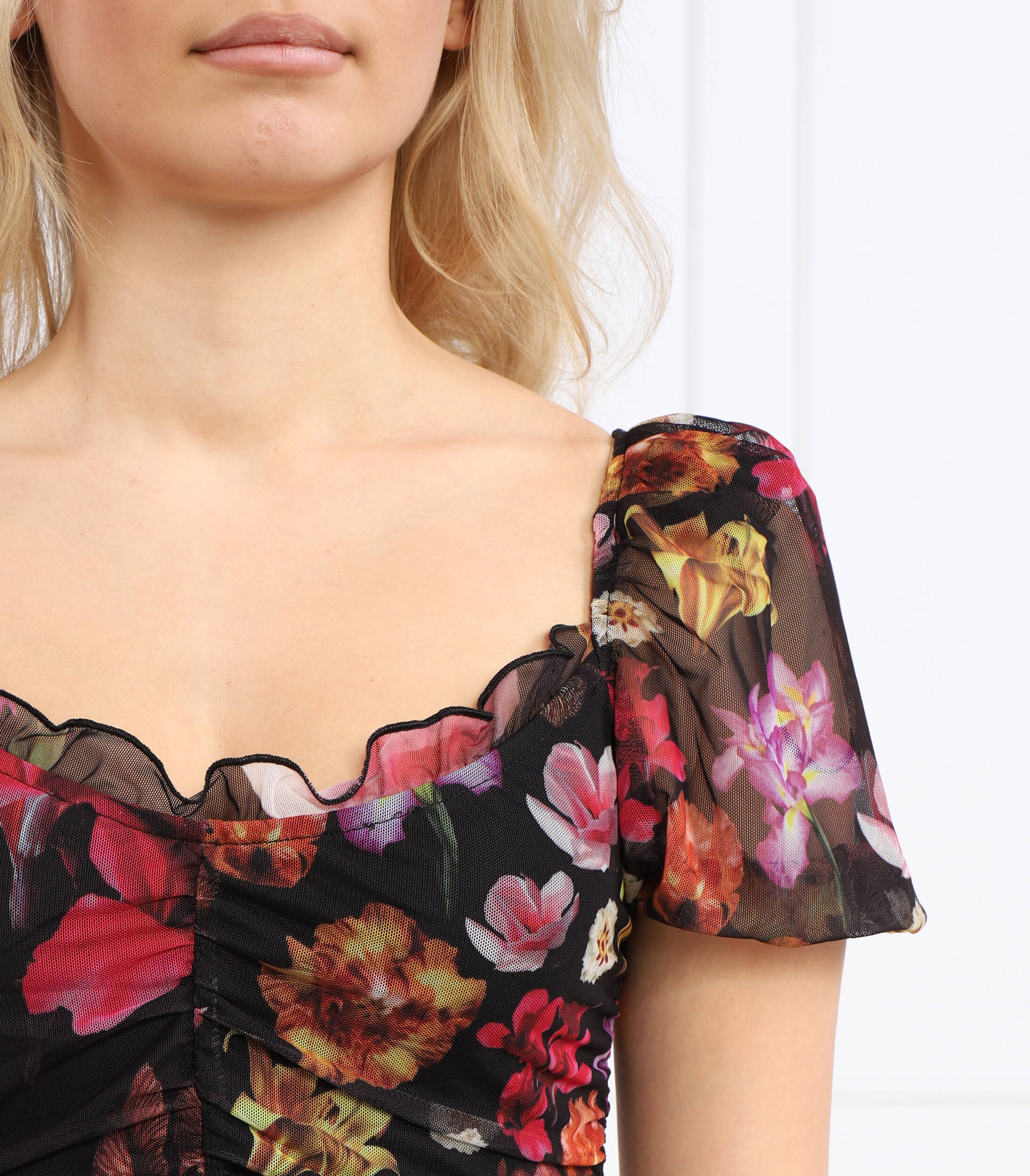 Desigual Floral Mesh Ruched Mini Dress – Black Multicolour