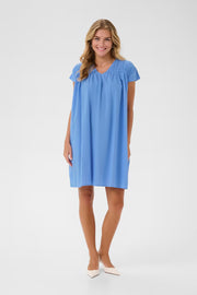 Kaffe KAThua Azure Blue Gathered V-Neck Mini Dress – Relaxed Fit Cap Sleeves Pockets | Women