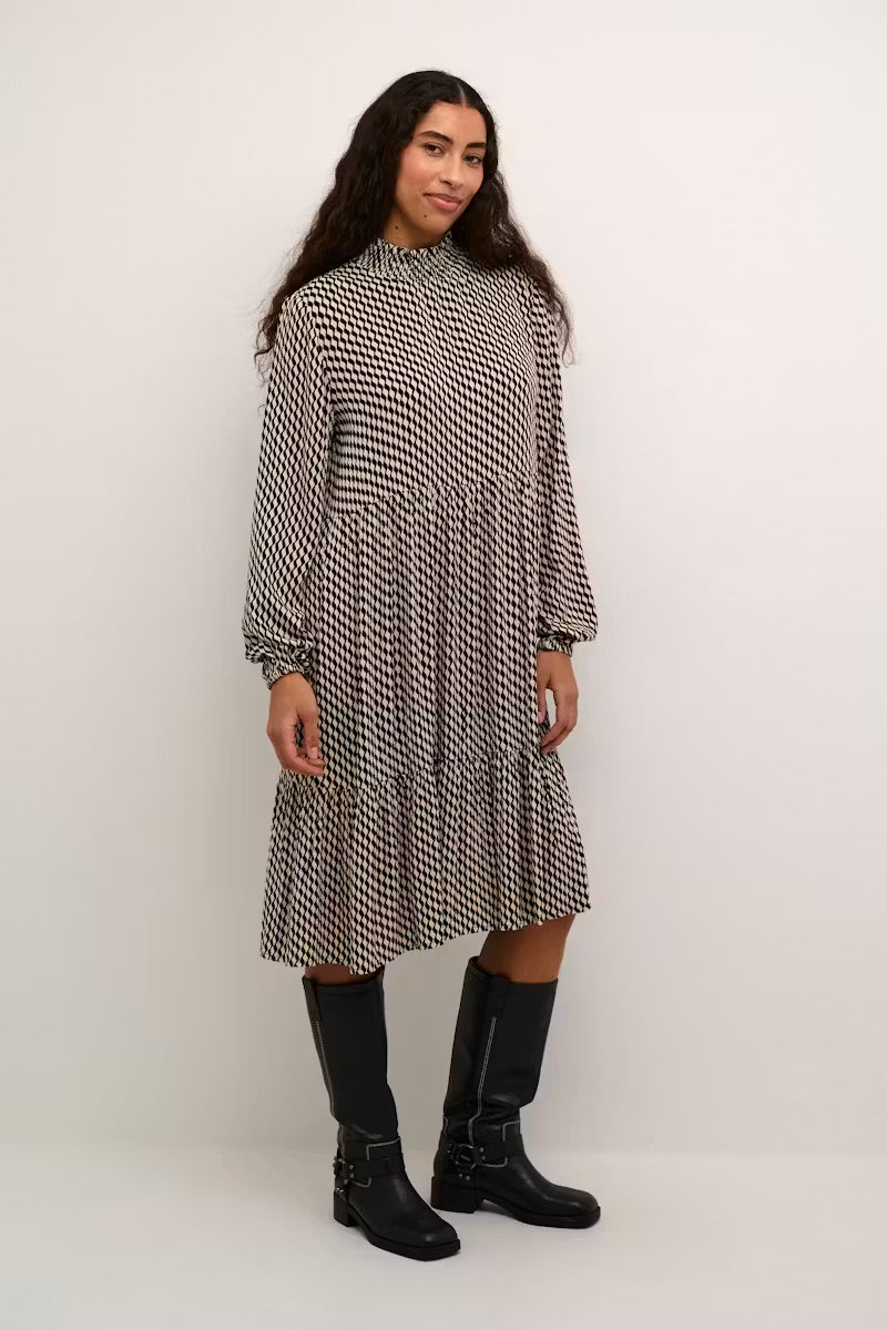 Kaffe KAamber Cream Black Geometric Cube Smocked High Neck Midi Dress – Long Puff Sleeves Tiered Frill Hem | Women