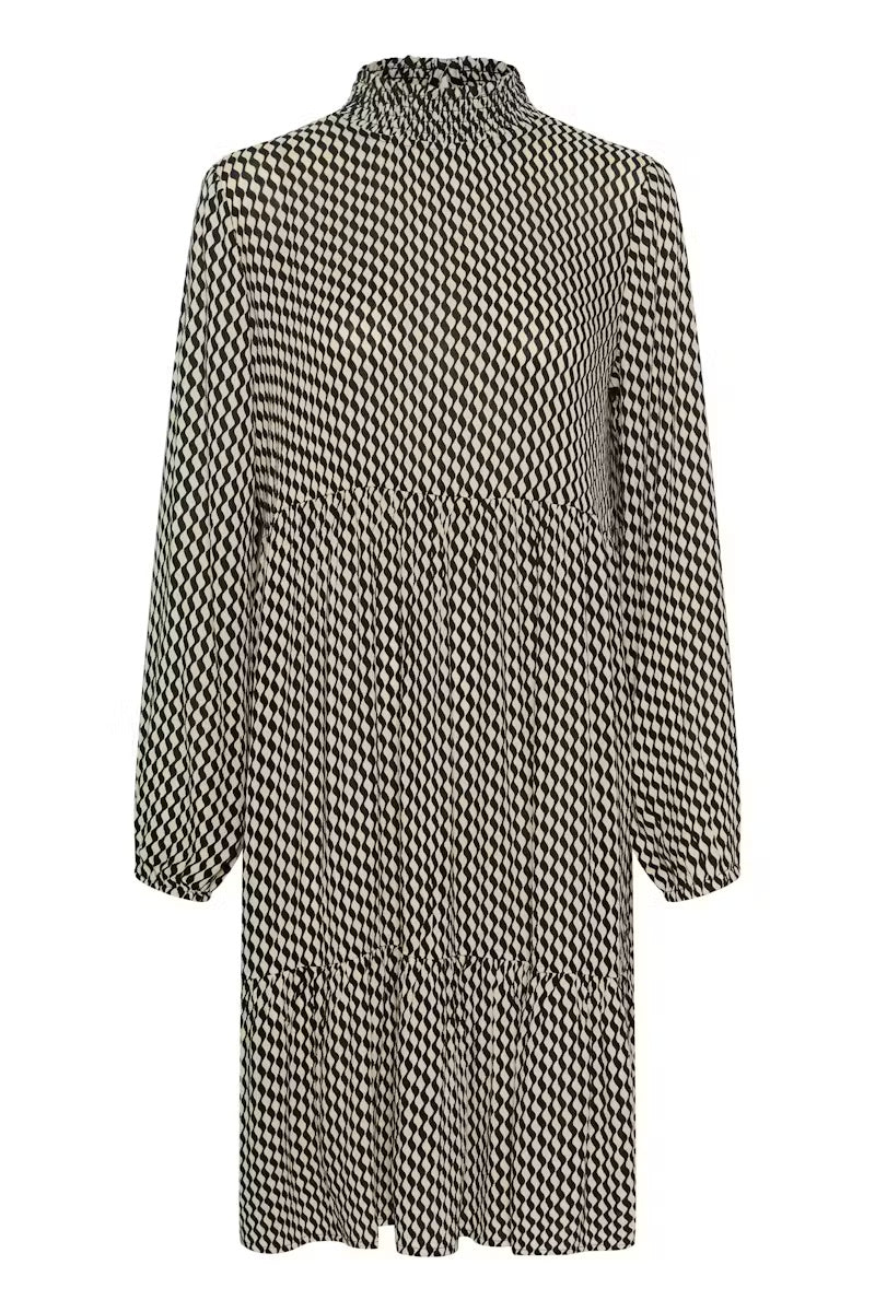 Kaffe KAamber Cream Black Geometric Cube Smocked High Neck Midi Dress – Long Puff Sleeves Tiered Frill Hem | Women
