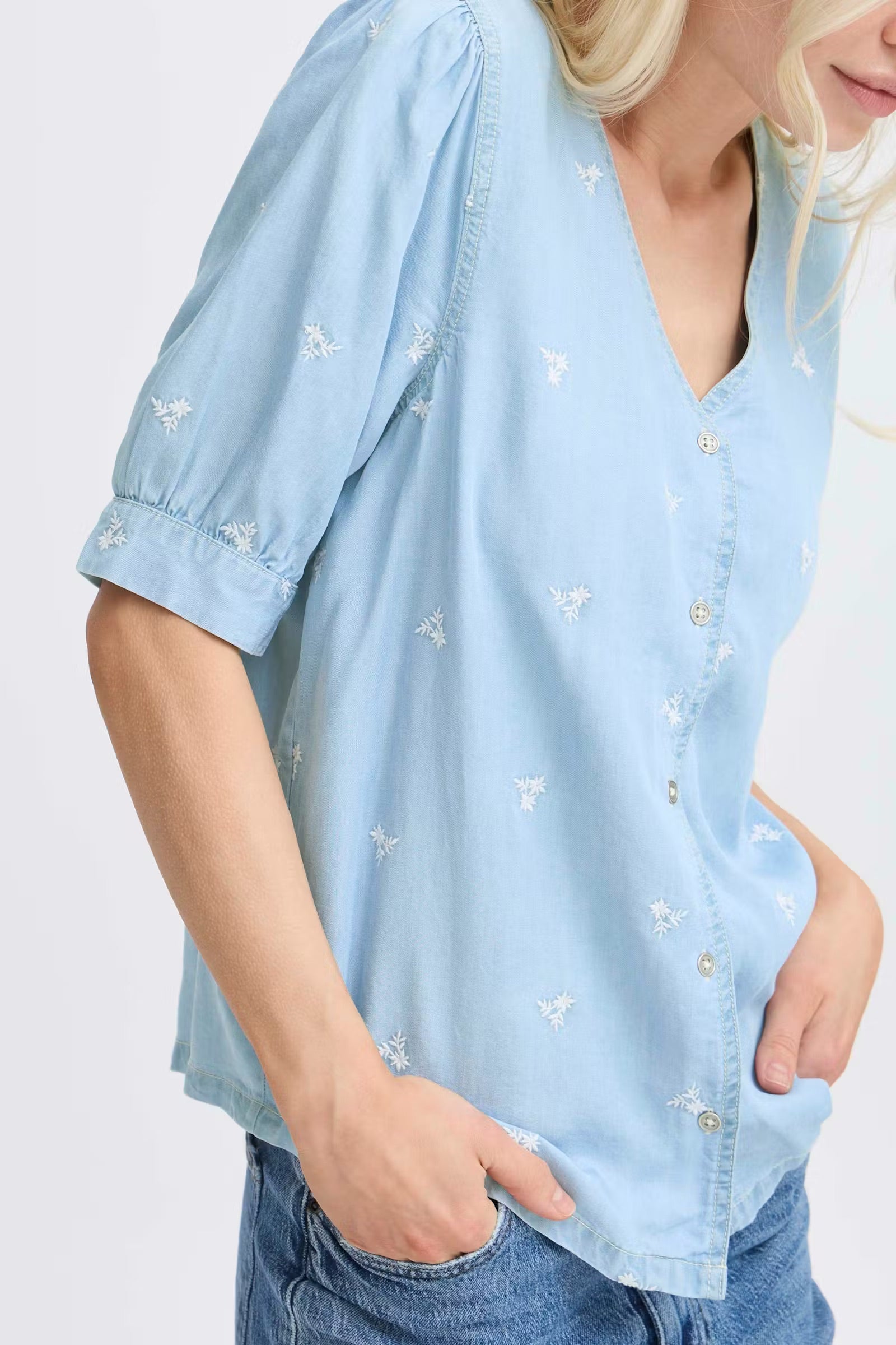 b.young Bykosmo Embroidered Floral Blouse - Light Blue