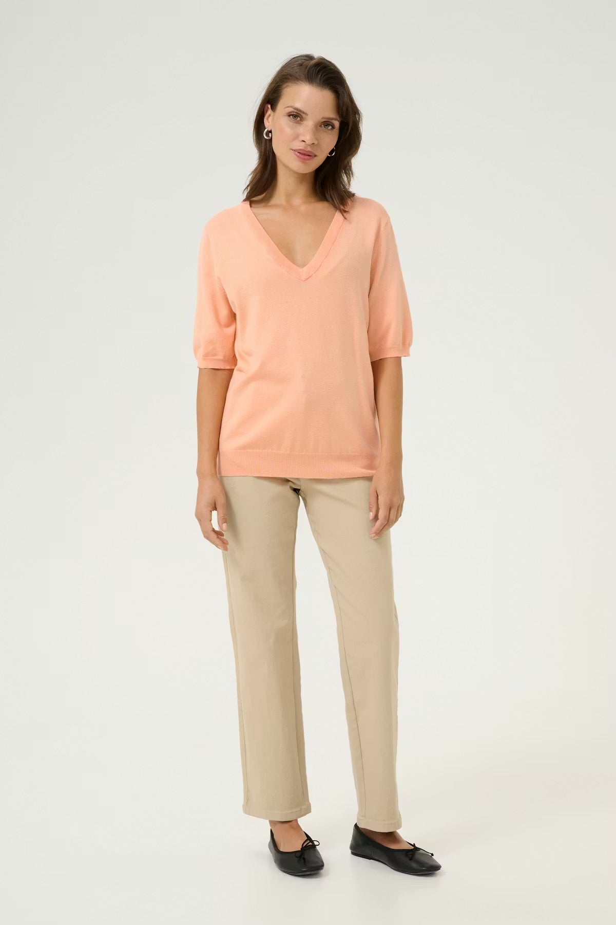 Kaffe KAlizza Peach Knit Pullover – V-Neck Puff Sleeves Relaxed Fit | Women