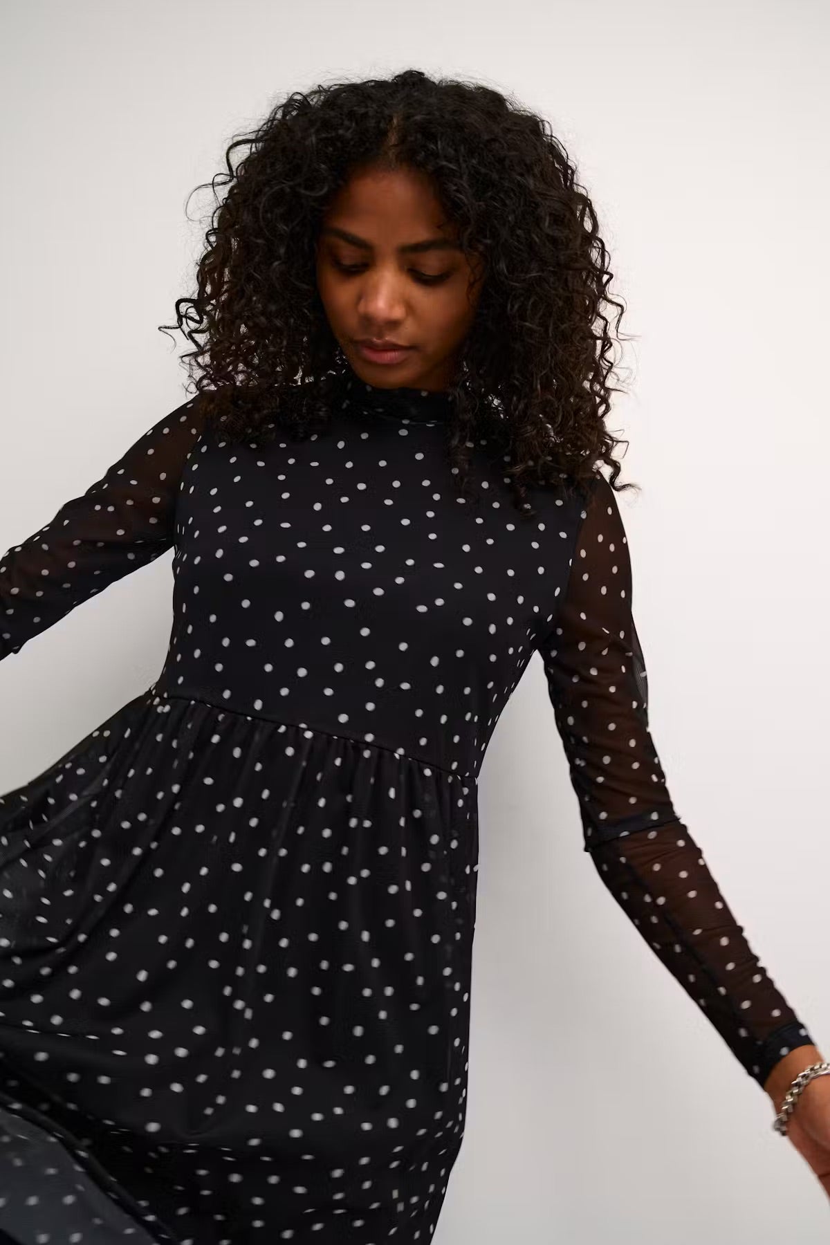 Kaffe KAjohanne Black White Polka Dot Mesh Dress – High Neck Sheer Long Sleeves Tiered | Women