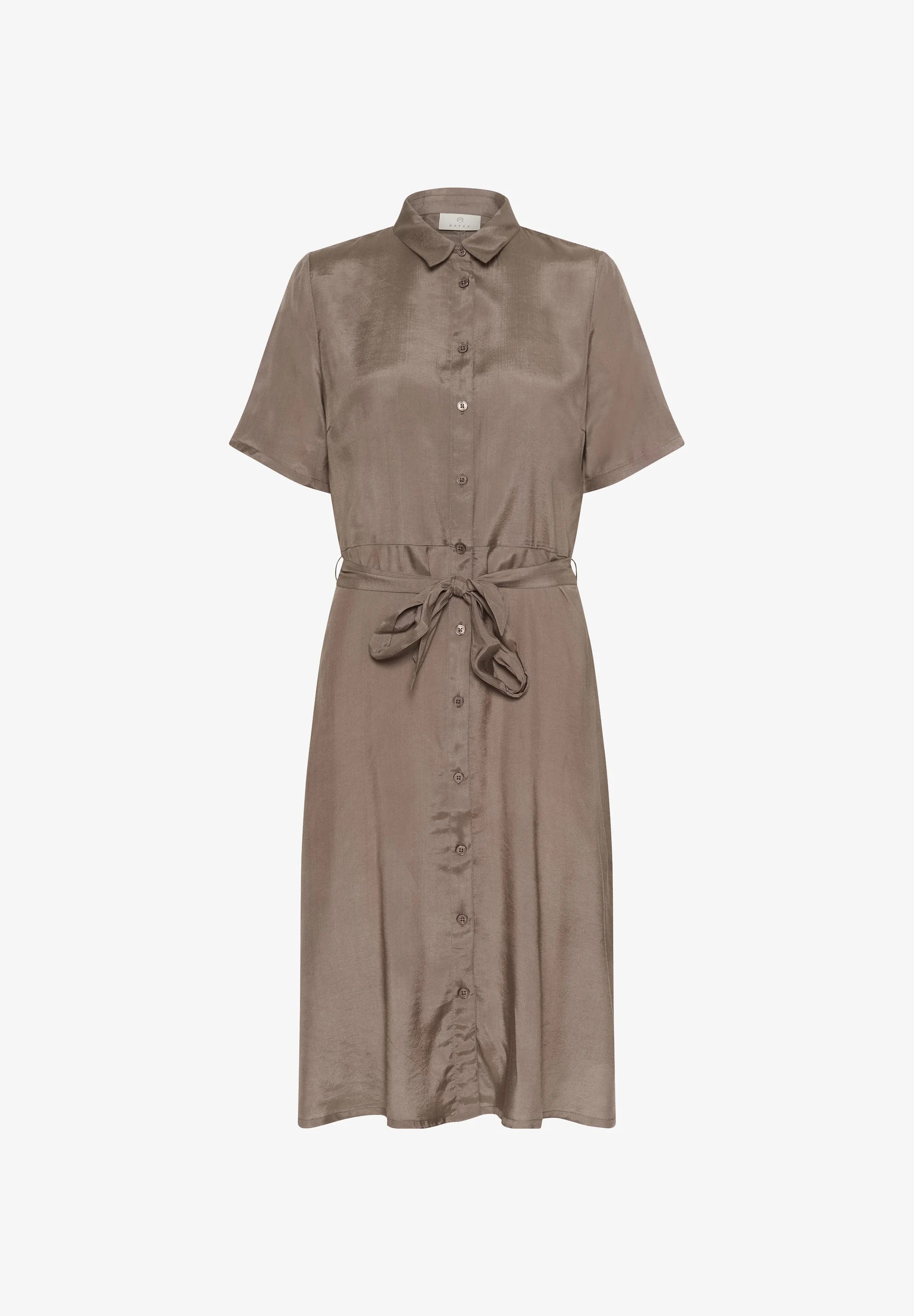 Kaffe KAemine Mocha Brown Satin Shirt Dress – Collar Neck Button Front Tie Waist Midi | Women
