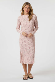 Neo Noir Vogue Flora Blush Pink Floral Crinkle Midi Dress – Side Slit Long Sleeve | Women