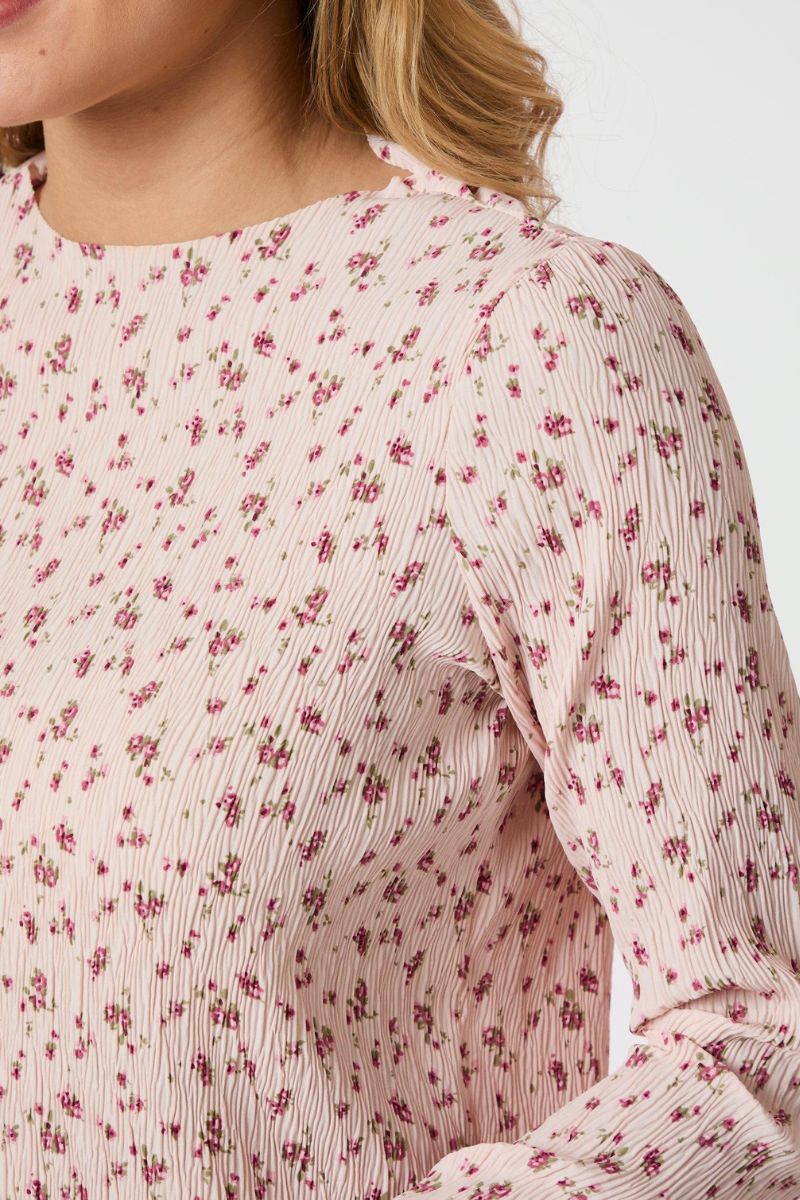 Neo Noir Vogue Flora Blush Pink Floral Crinkle Midi Dress – Side Slit Long Sleeve | Women