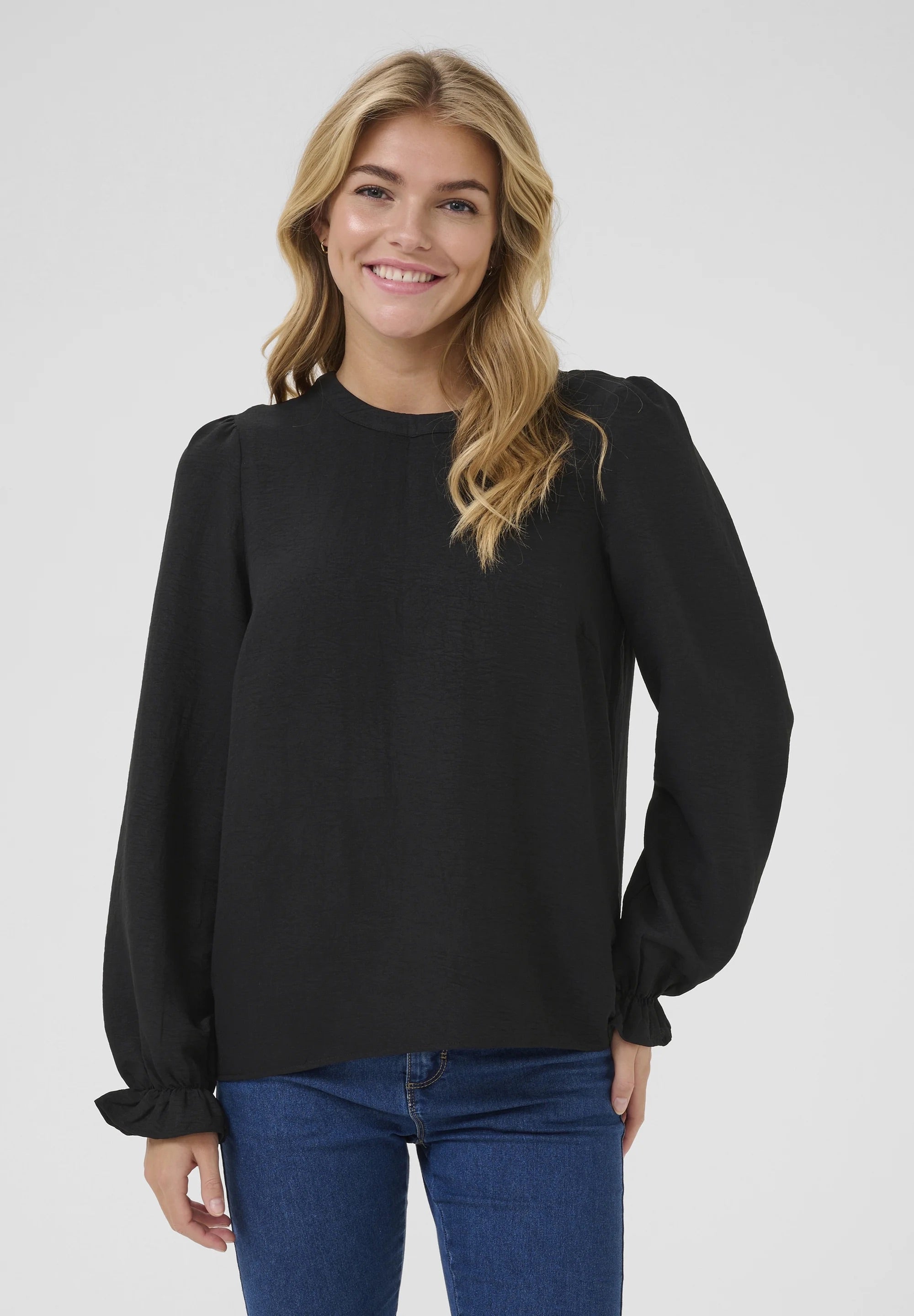 Kaffe KAnita Black Round Neck Puff Shoulder Blouse – Long Balloon Sleeves Ruffle Cuffs Keyhole Back | Women