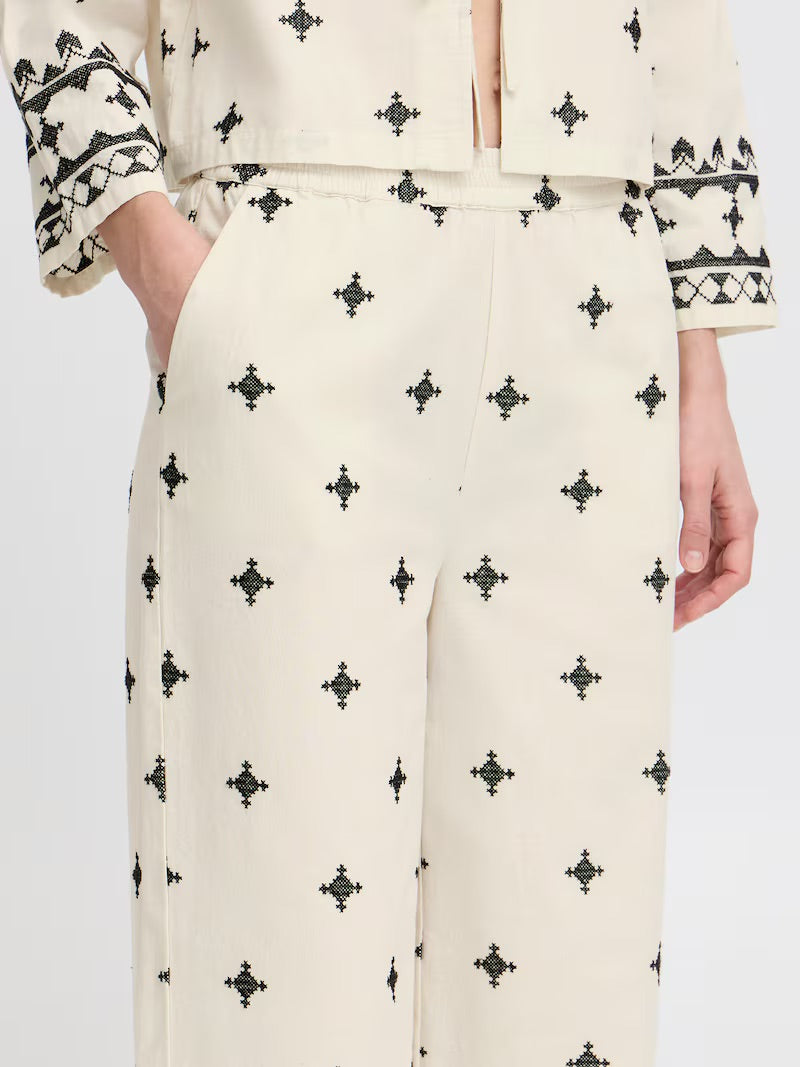 b.young Bydunia Embroidered Wide-Leg Pants - Beige