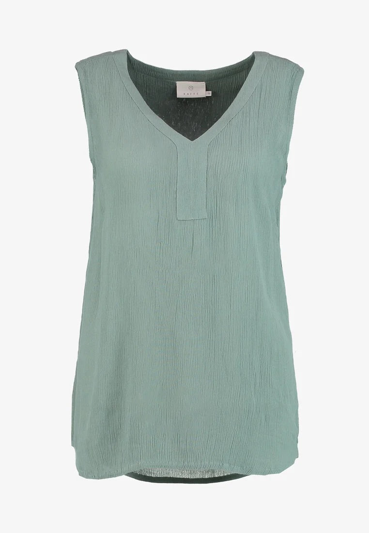 Kaffe Amber Top Dusty Jade Crinkle V-Neck Sleeveless Blouse – Pintuck Back Relaxed Fit | Women