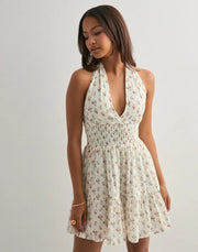Neo Noir Magda Fine Print Cream Floral Halter Mini Dress – Smocked Waist Open Back | Women