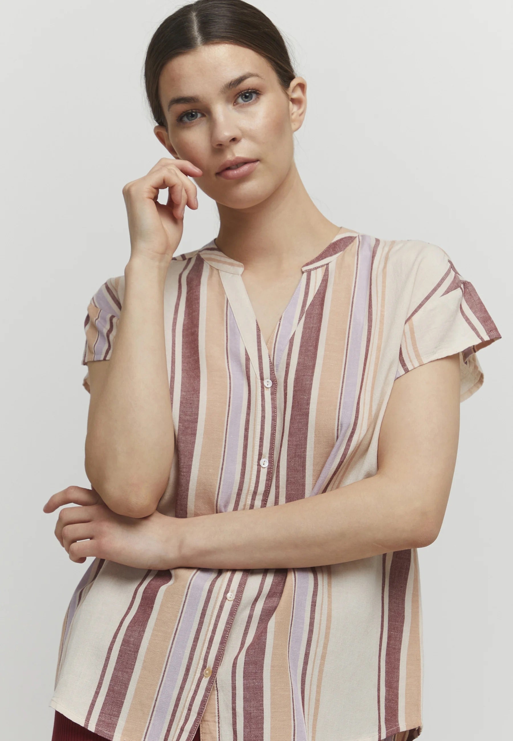 b.young BYHamia Striped Button-Down Blouse - Beige Multi