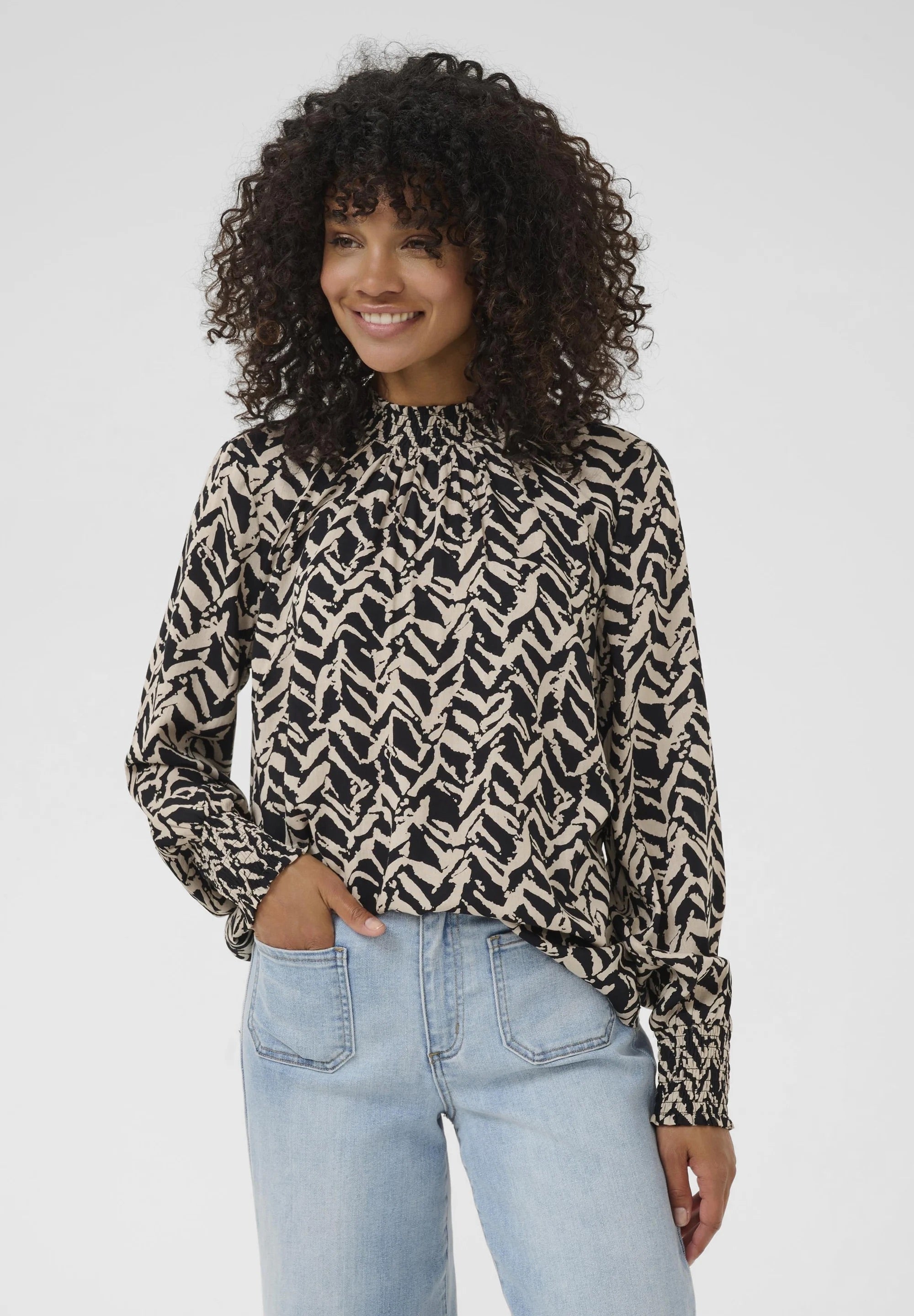 Kaffe KAdina Black Cream Abstract Zebra Print Smocked High Neck Blouse – Long Puff Sleeves Smocked Cuffs | Women