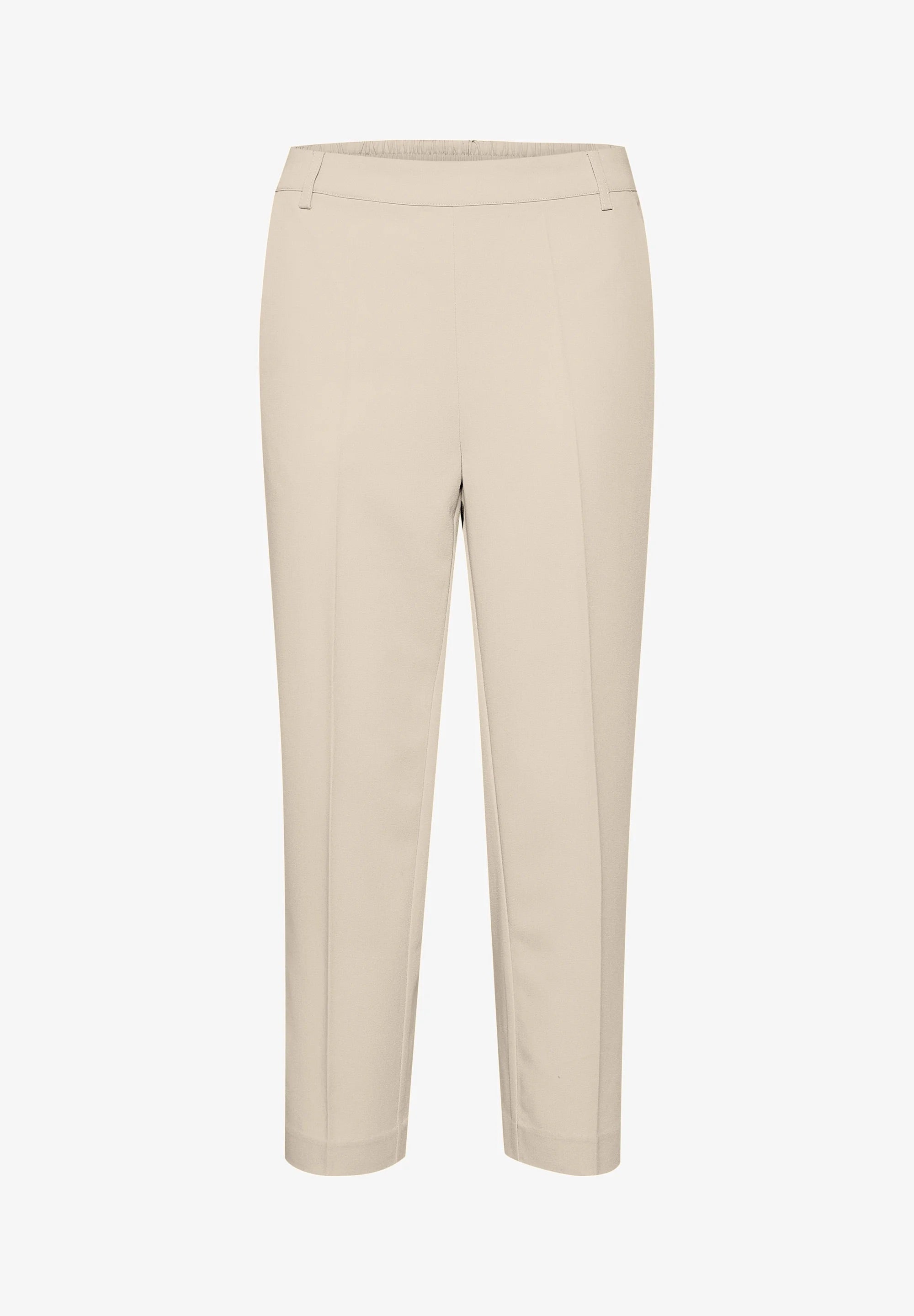 Kaffe KAsakura HW Sand Beige Cropped Tailored Trousers – Elastic Waist Pressed Crease Side Pockets | Women