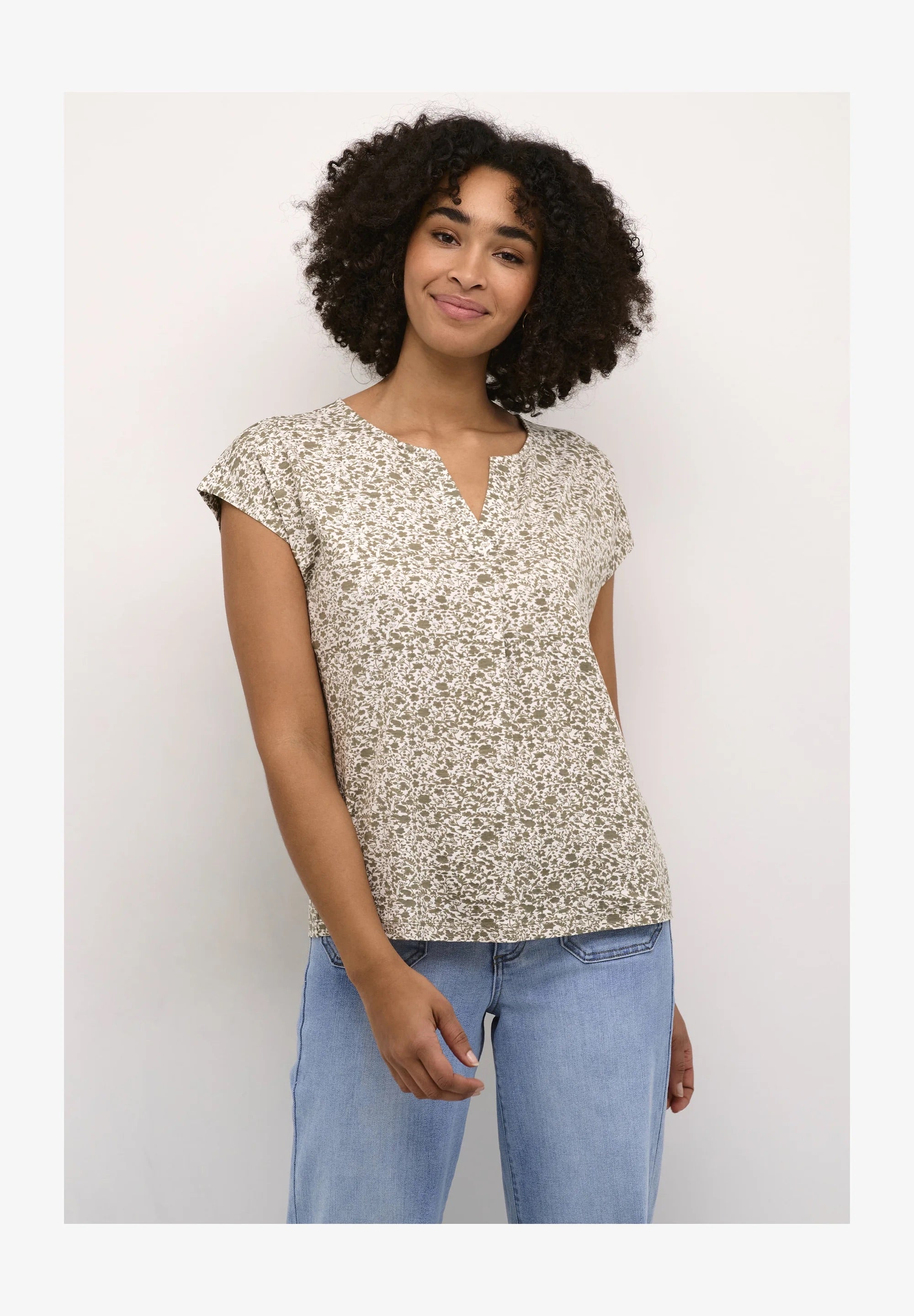 Kaffe KAmille Cream Sage Green Floral Print V-Neck T-Shirt – Cap Sleeves Relaxed Fit | Women