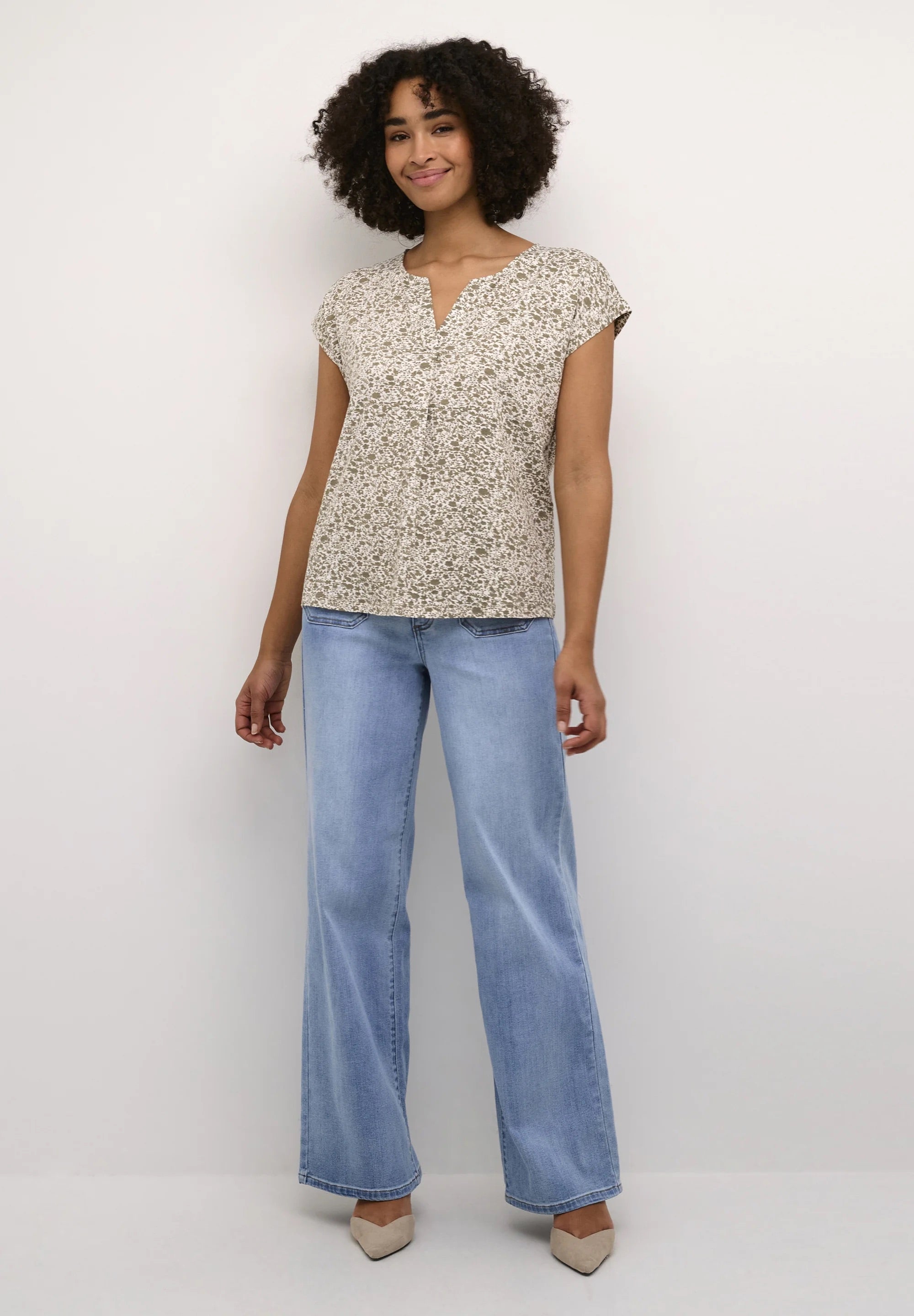 Kaffe KAmille Cream Sage Green Floral Print V-Neck T-Shirt – Cap Sleeves Relaxed Fit | Women