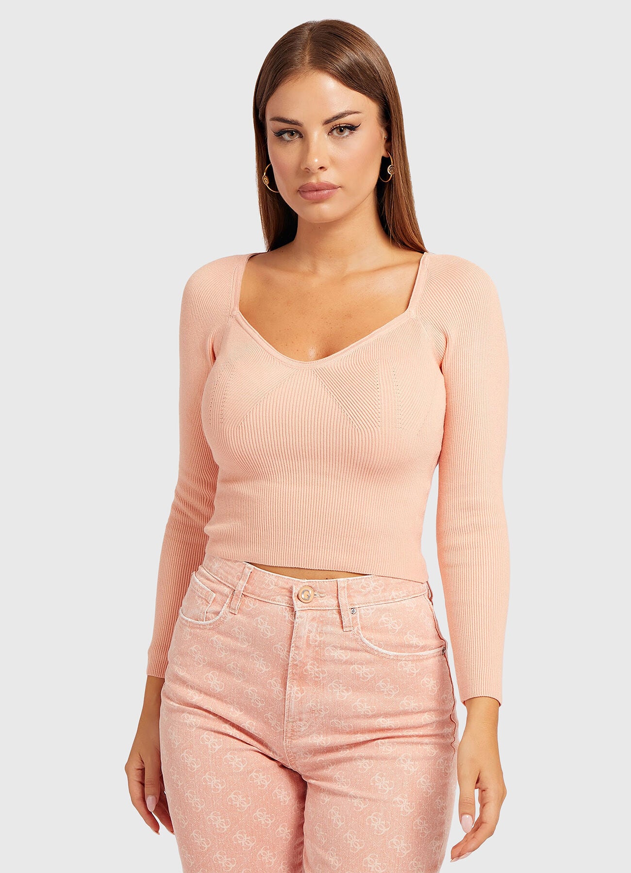 Guess Sweetheart Sonnet Pink Ribbed Crop Sweater – Long Sleeve | Size L