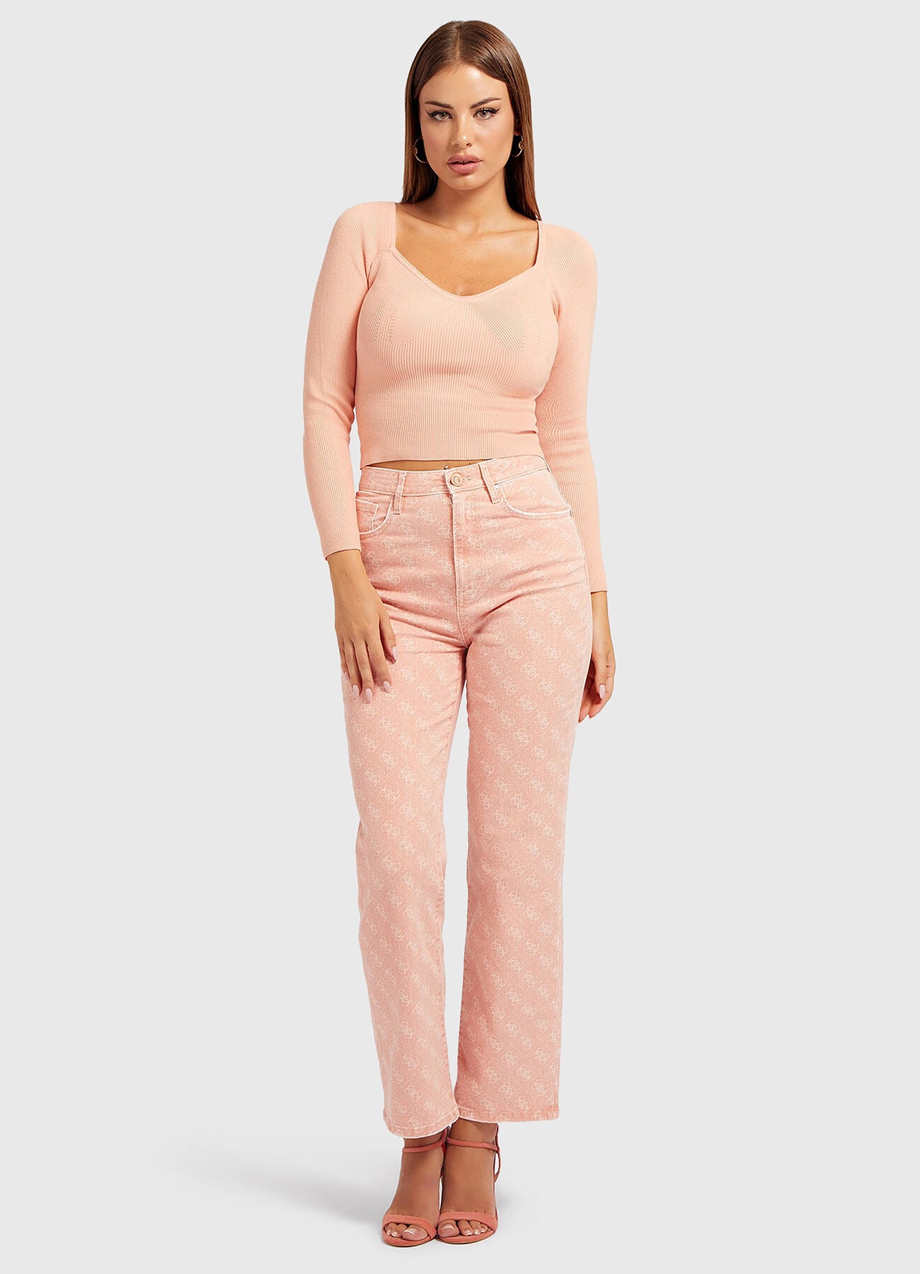 Guess Sweetheart Sonnet Pink Ribbed Crop Sweater – Long Sleeve | Size L