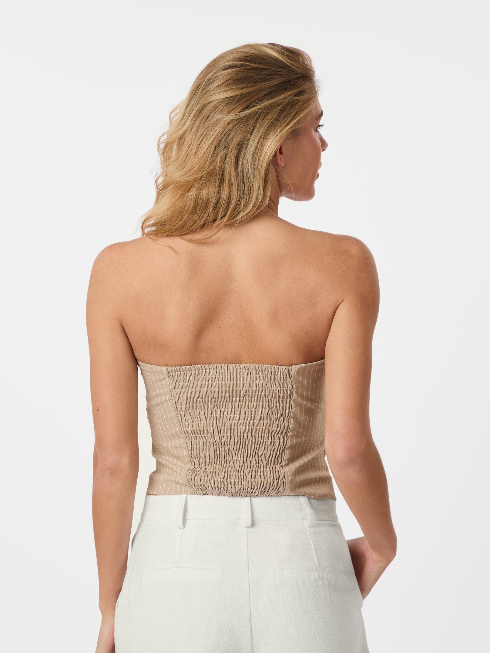 Neo Noir Beige Pinstripe Smocked Bandeau Tube Top – Strapless | Women