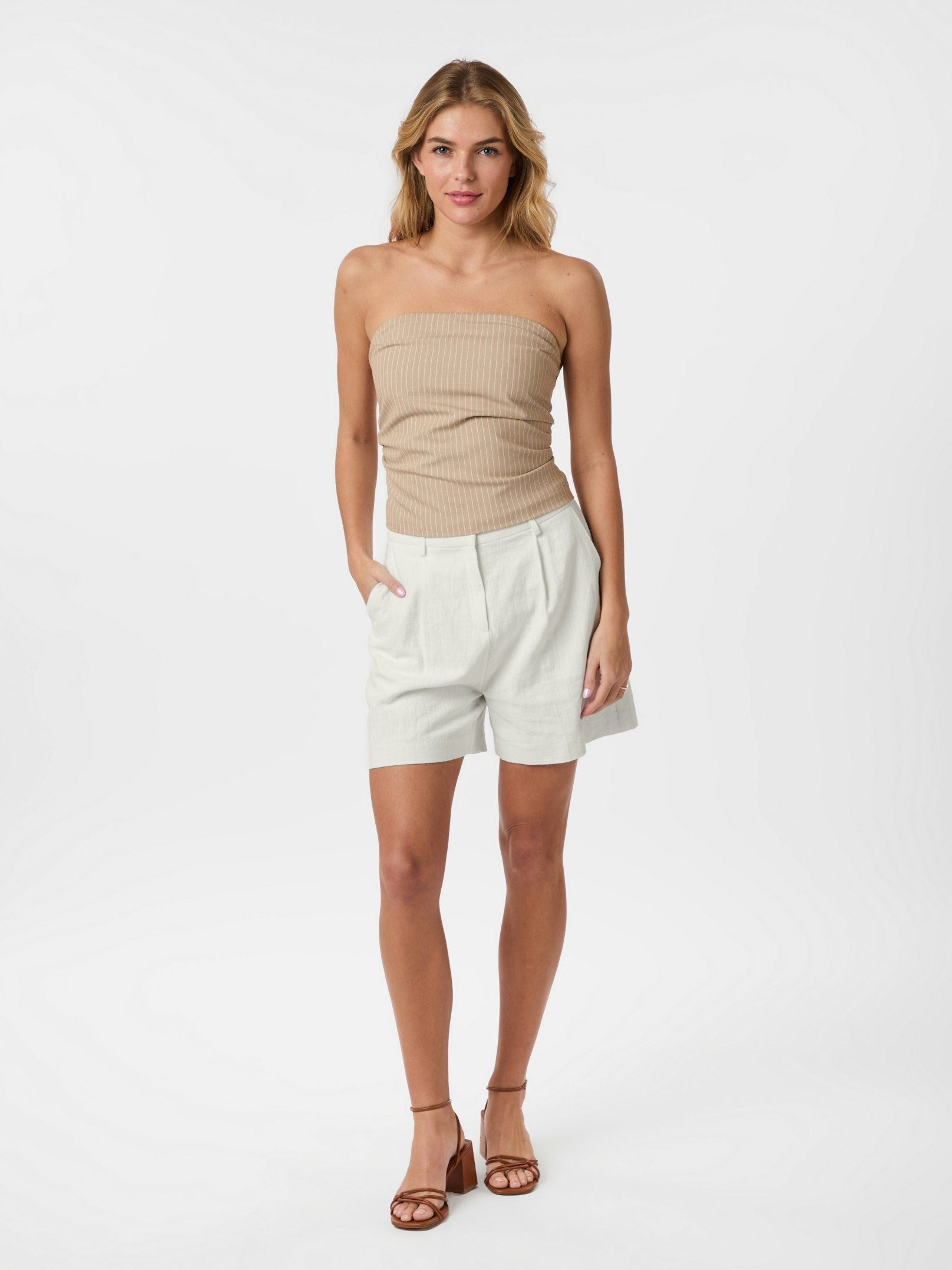 Neo Noir Beige Pinstripe Smocked Bandeau Tube Top – Strapless | Women