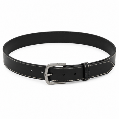 PartTwo Black Leather Belt – White Contrast Stitch Silver Buckle | Women