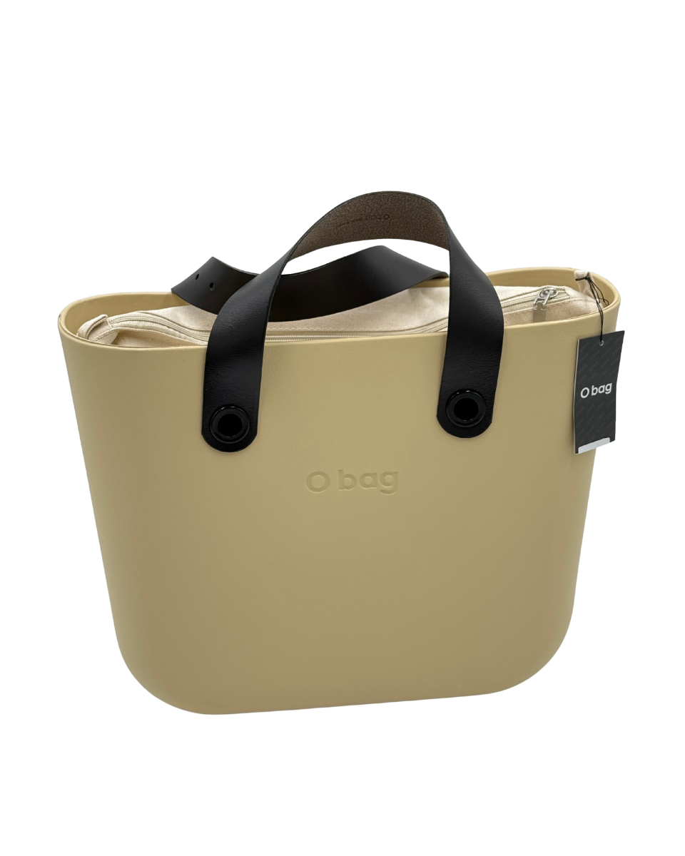 O bag Mini – Sand Beige Tote Bag with Black Handles & Cream Interior