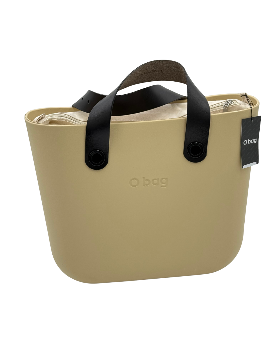 O bag Mini – Sand Beige Tote Bag with Black Handles & Cream Interior