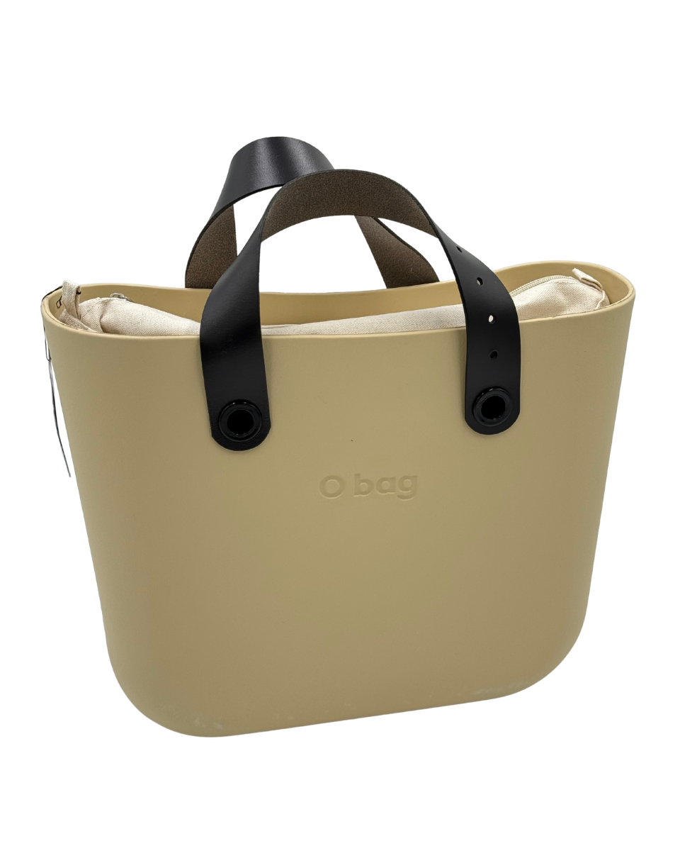 O bag Mini – Sand Beige Tote Bag with Black Handles & Cream Interior