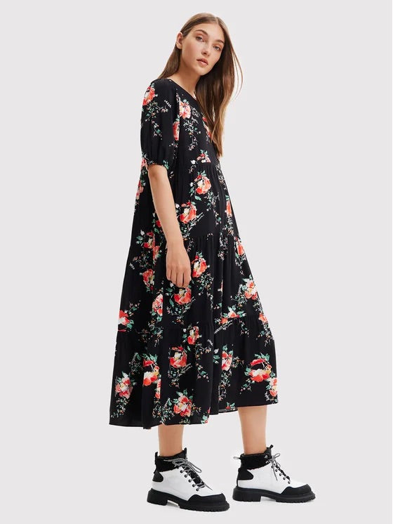 Desigual Florencia Floral Tiered Midi Dress – Black