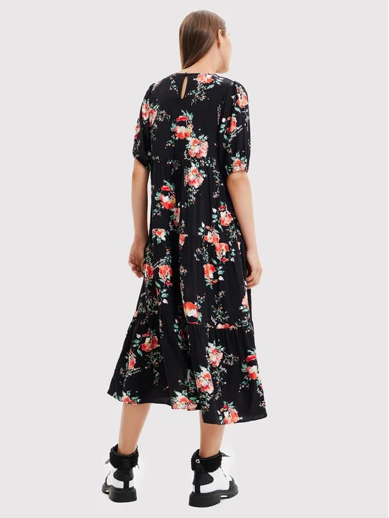 Desigual Florencia Floral Tiered Midi Dress – Black