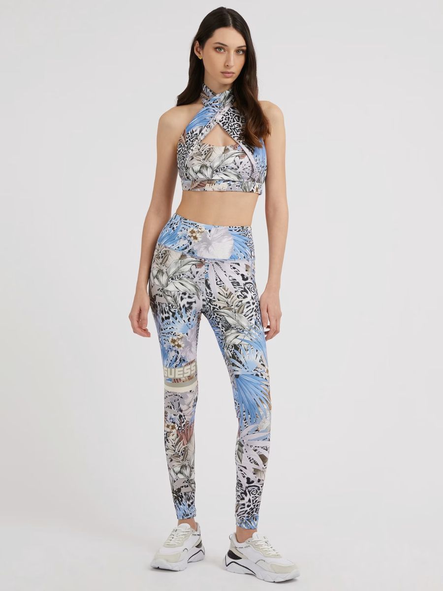 Guess Carlene Active Tropical Print Cross-Neck Bra Top – Blue | Sleeveless