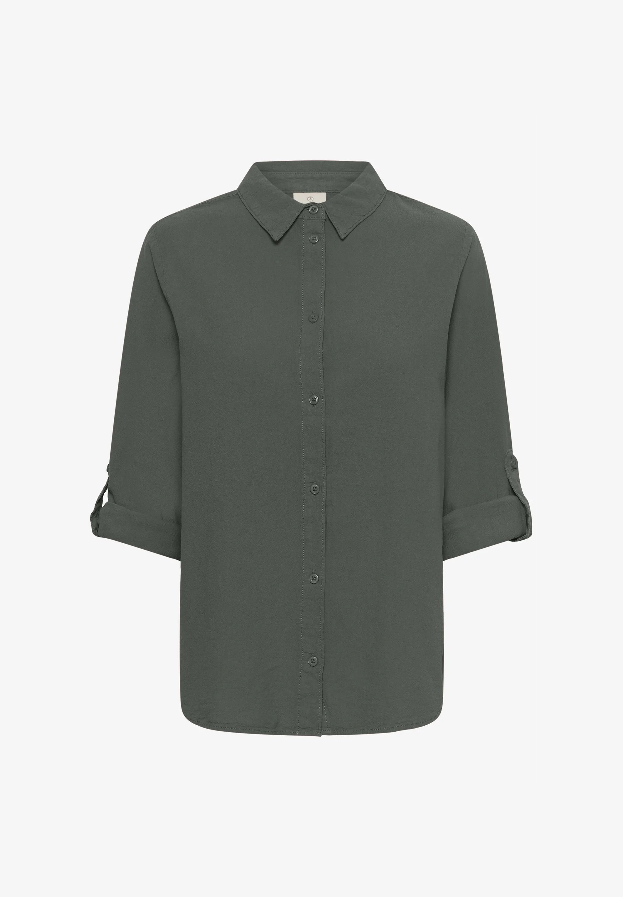 Kaffe KAnaya Short Balsam Green Button-Through Shirt Blouse – Classic Collar Roll-Up 3/4 Sleeves | Women