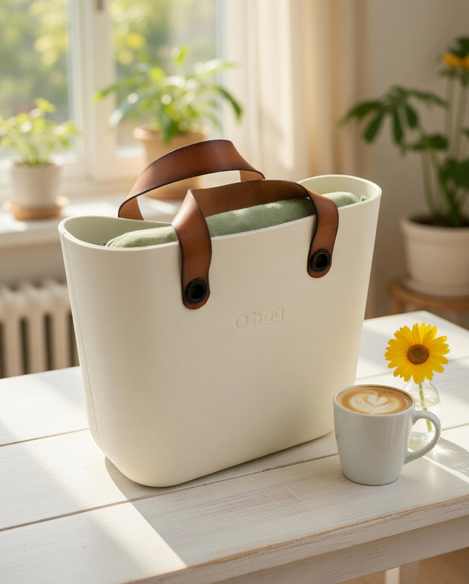 O bag – Off-White Tote Bag with Cognac Leather Handles & Sage Green Interior