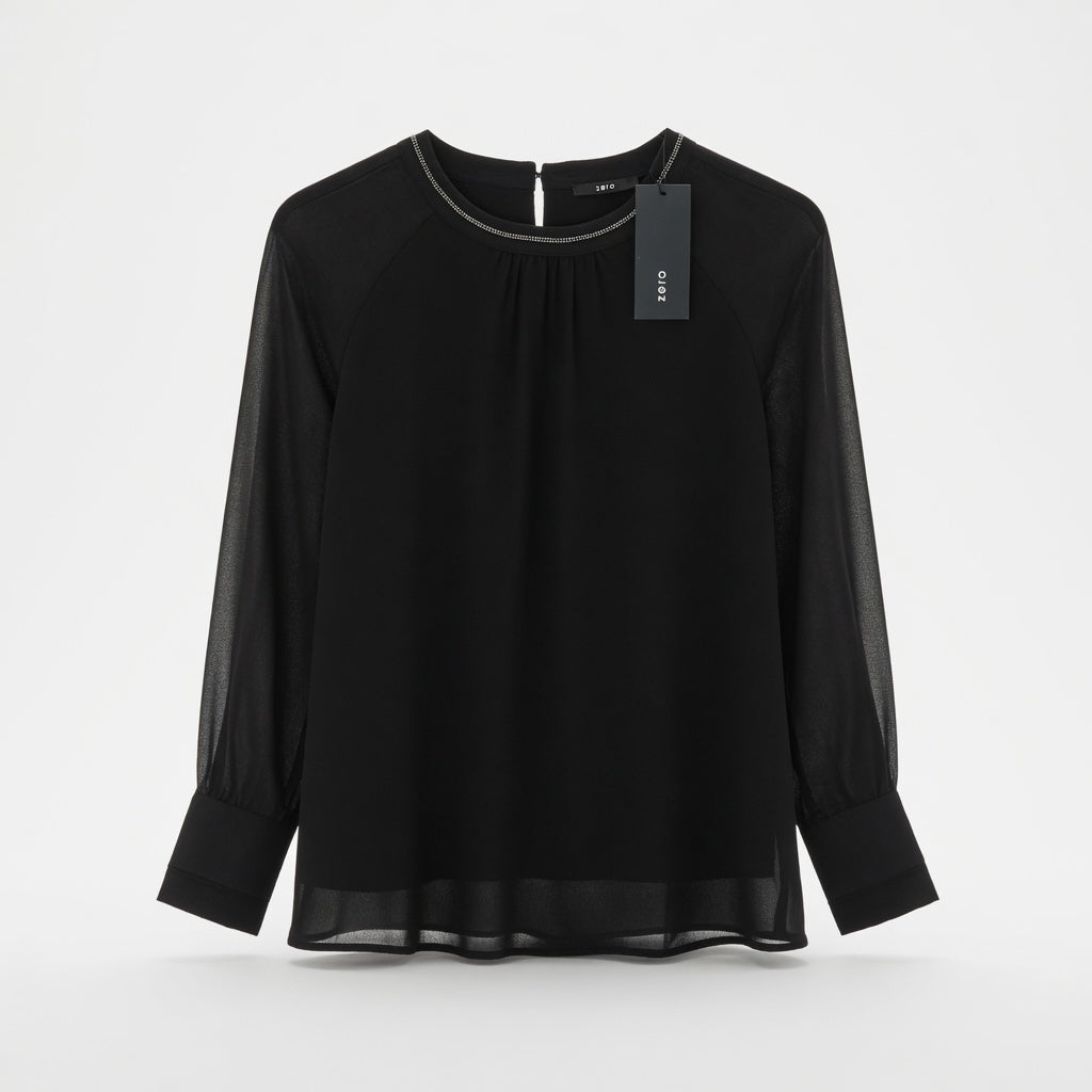 Zero Chiffon Blouse with Crystal Neckline – Black