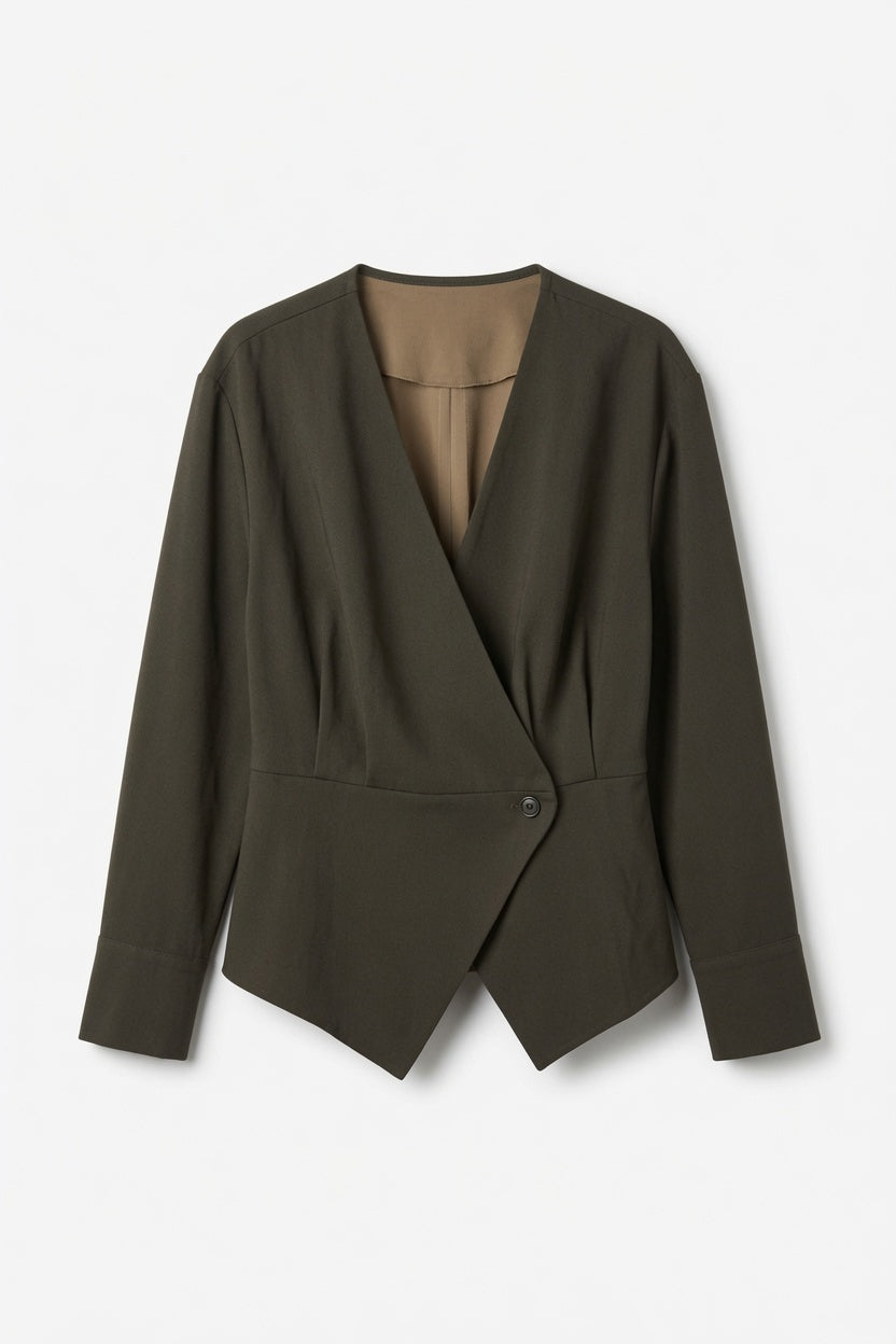 Neo Noir Asymmetric Wrap Blazer – Olive Green | Women's Collarless Jacket