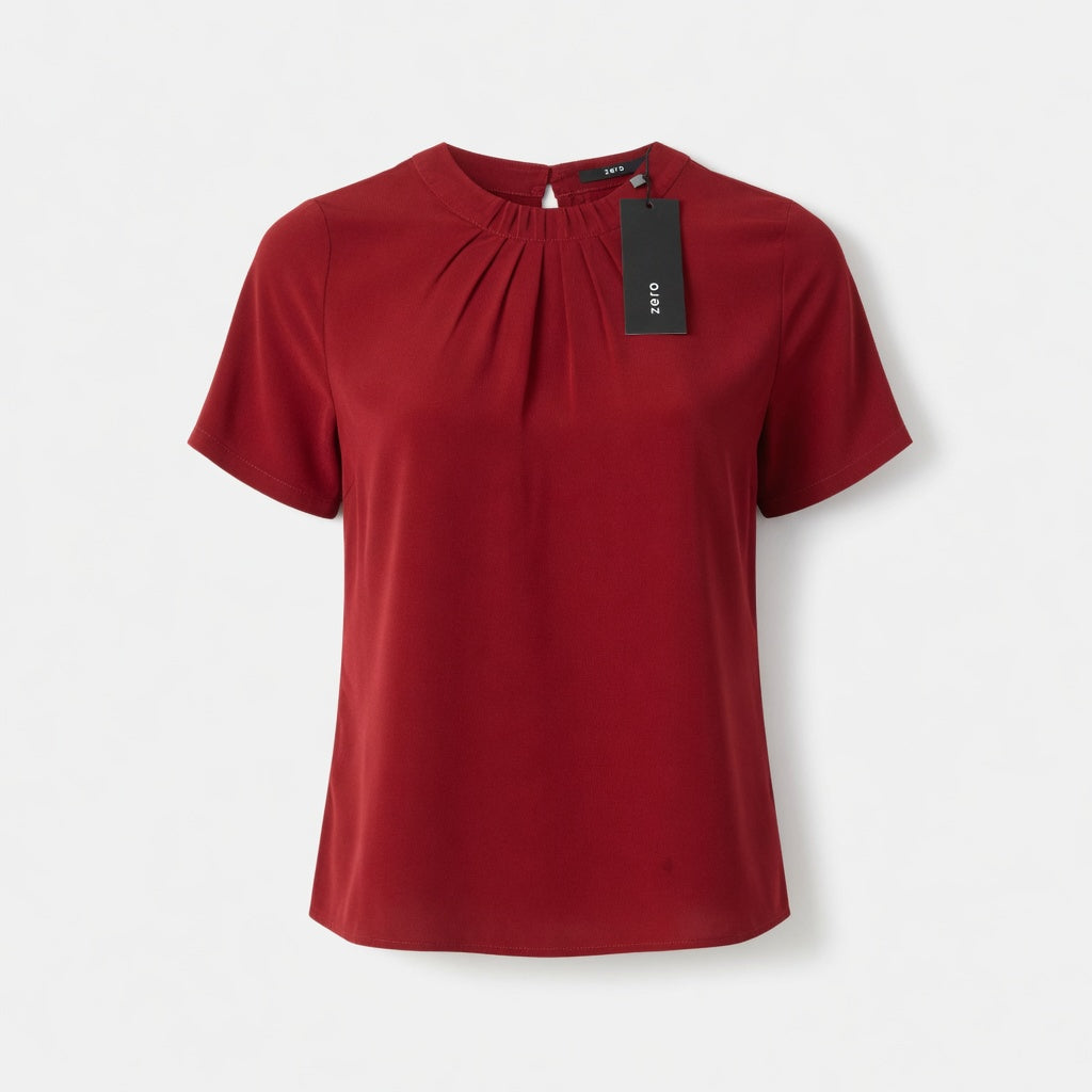 Zero Burgundy Pleated Crew Neck Blouse – Short Sleeve | Women