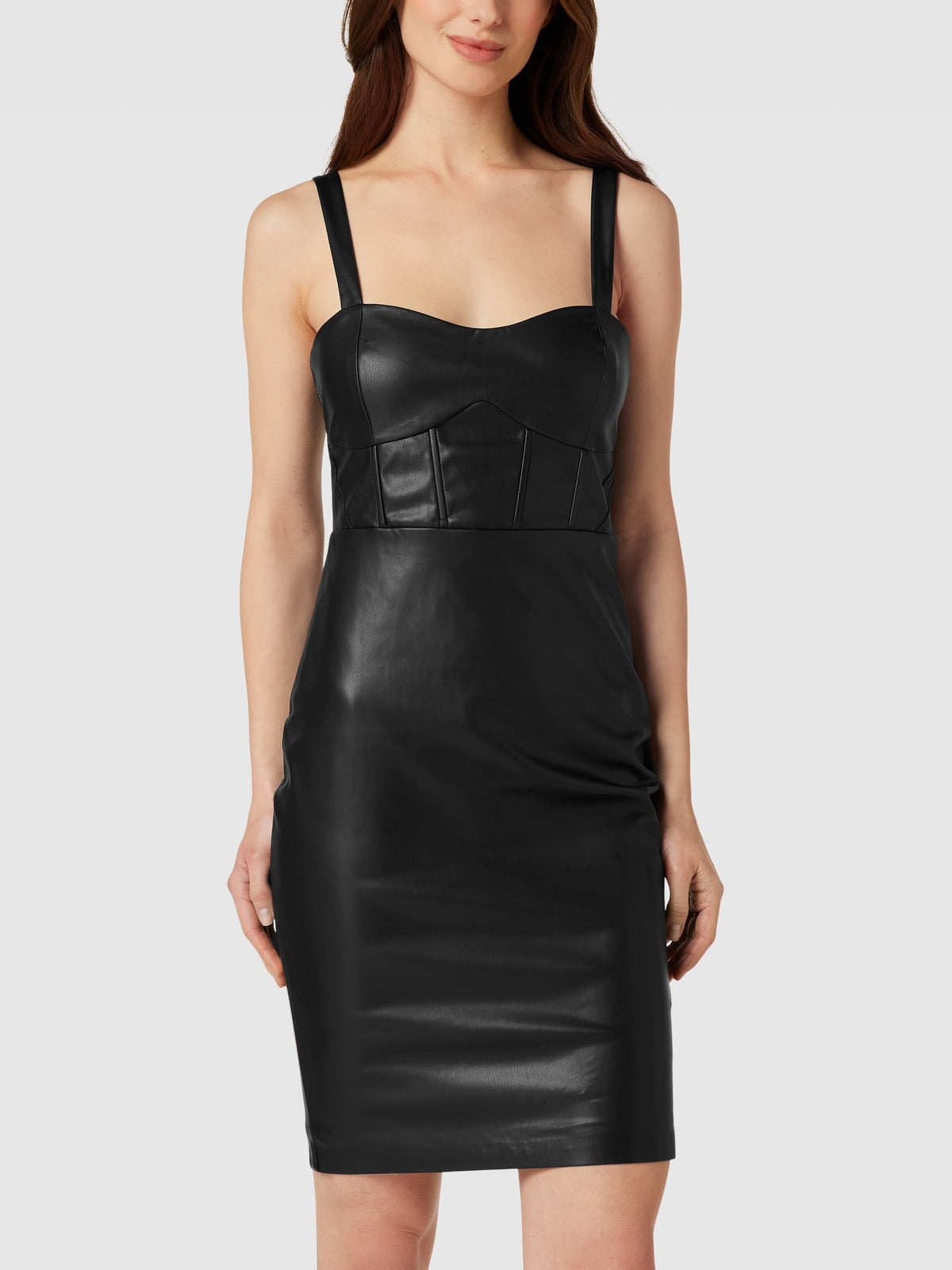 Guess Reid Black Faux Leather Bodycon Mini Dress – Sweetheart Neck