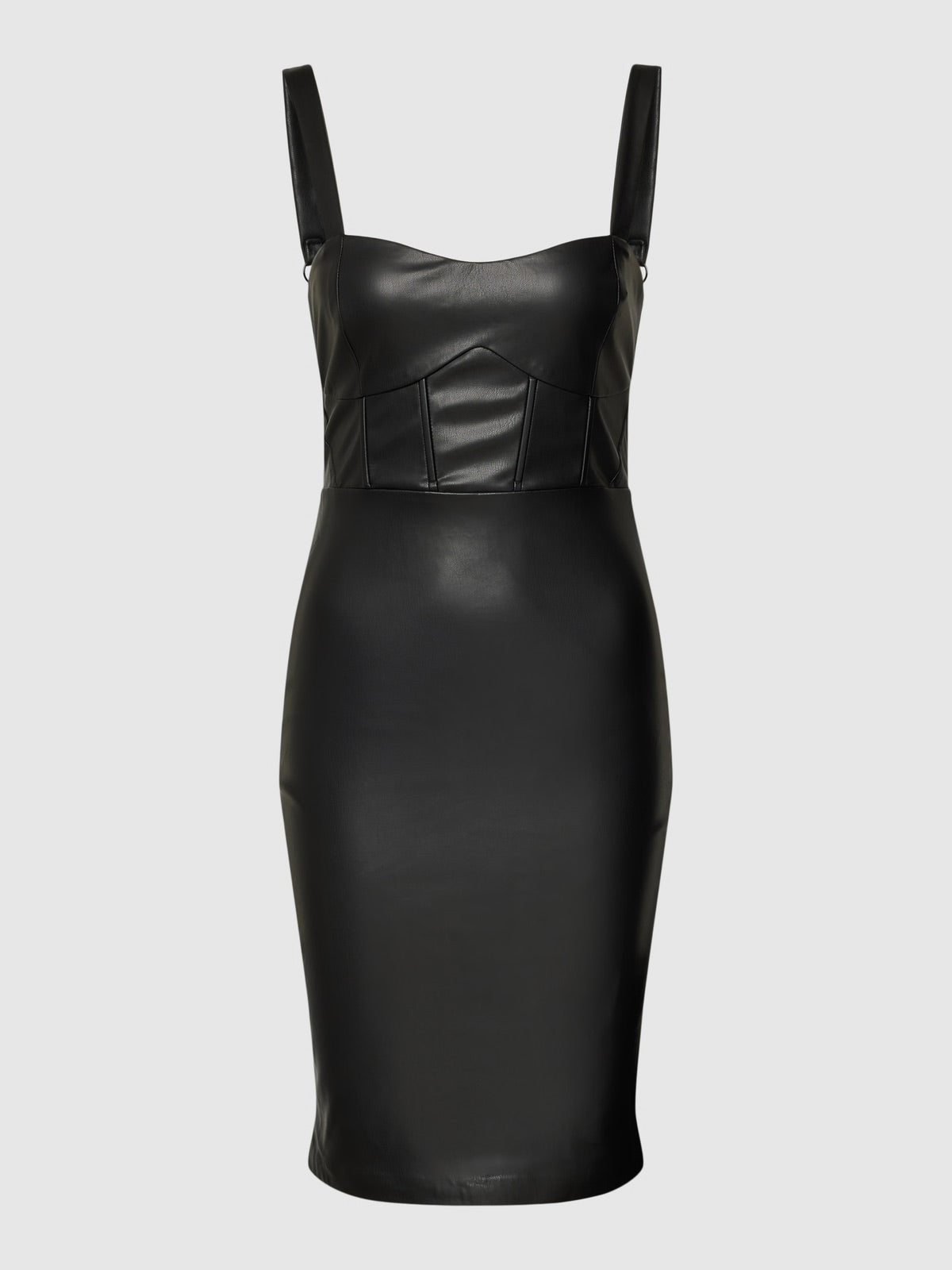 Guess Reid Black Faux Leather Bodycon Mini Dress – Sweetheart Neck