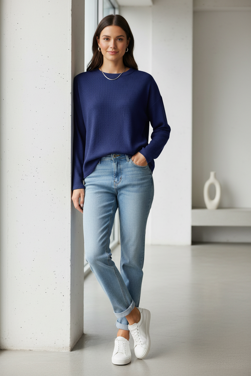 b.young Bypesina Textured Long-Sleeve Top - Medieval Blue
