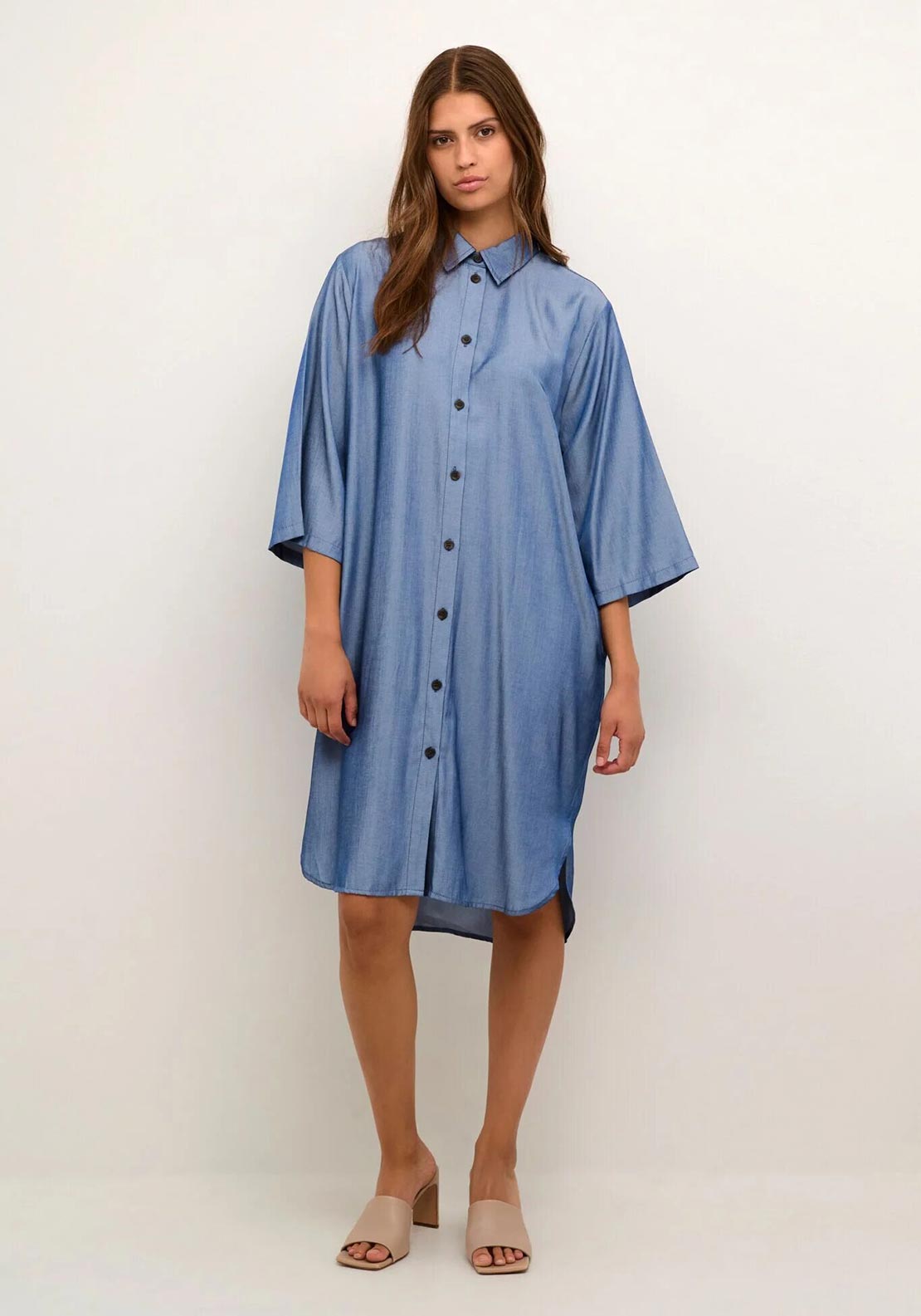 Kaffe Leonora Chambray Blue Oversized Shirt Dress – 3/4 Sleeves Pleated Back Midi | Women