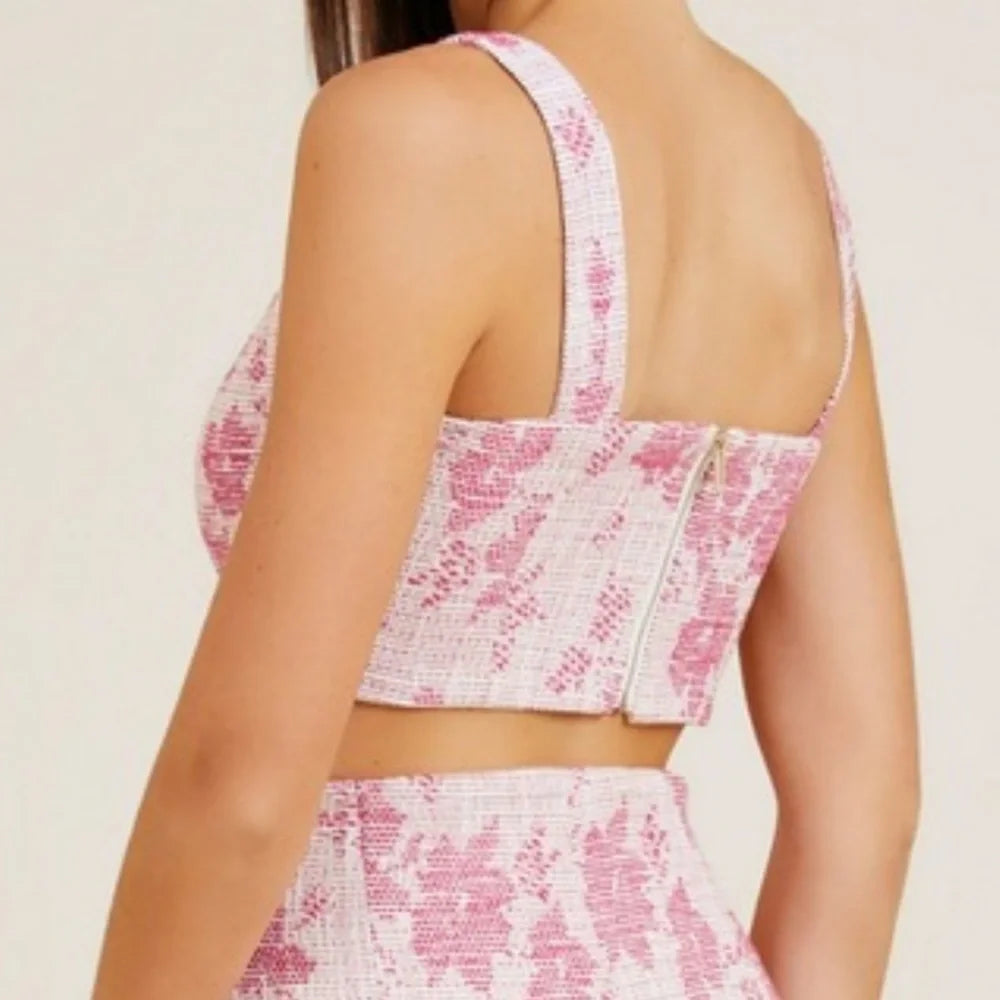 Marciano by Guess Avah Pink Floral Tweed Crop Top – Square Neck | Sleeveless