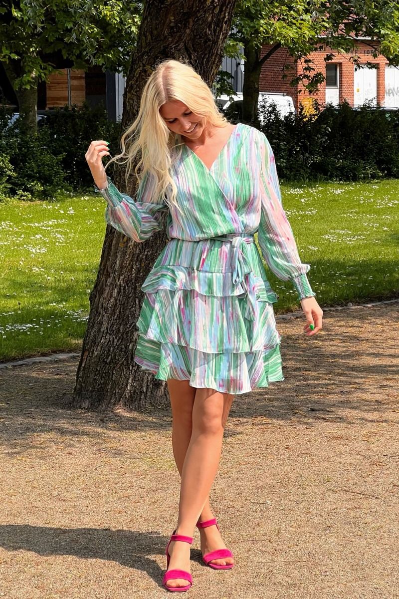 Neo Noir Dennie Blurred Stripe Green Mini Dress – Tiered Ruffle Wrap Belt | Women