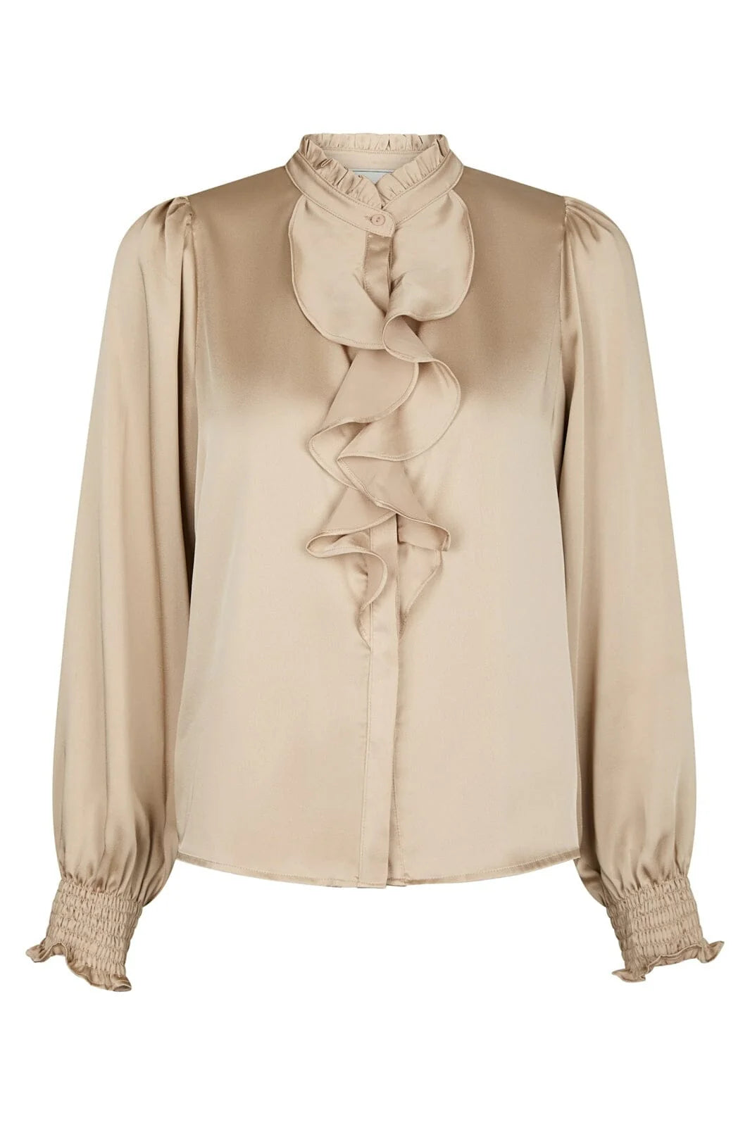 Neo Noir Zamola Sand Satin Ruffle Front Blouse – Smocked Cuffs | Women