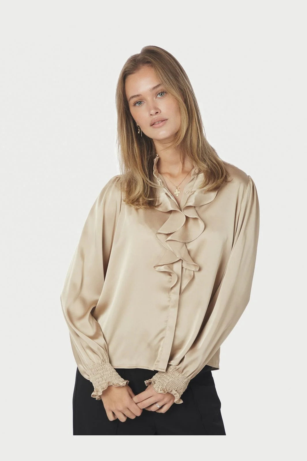 Neo Noir Zamola Sand Satin Ruffle Front Blouse – Smocked Cuffs | Women