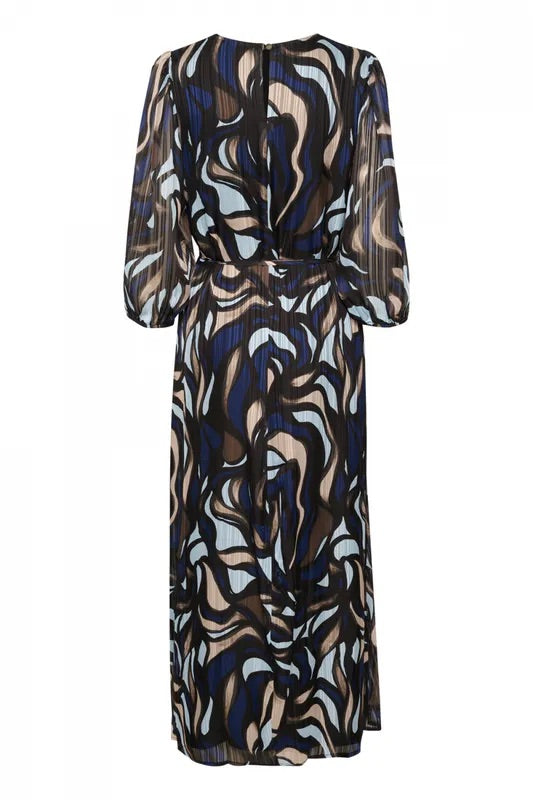 Kaffe Curve KCMarga Blue Grey Abstract Graphic Maxi Dress – Round Neck Tie Waist 3/4 Puff Sleeves | Women