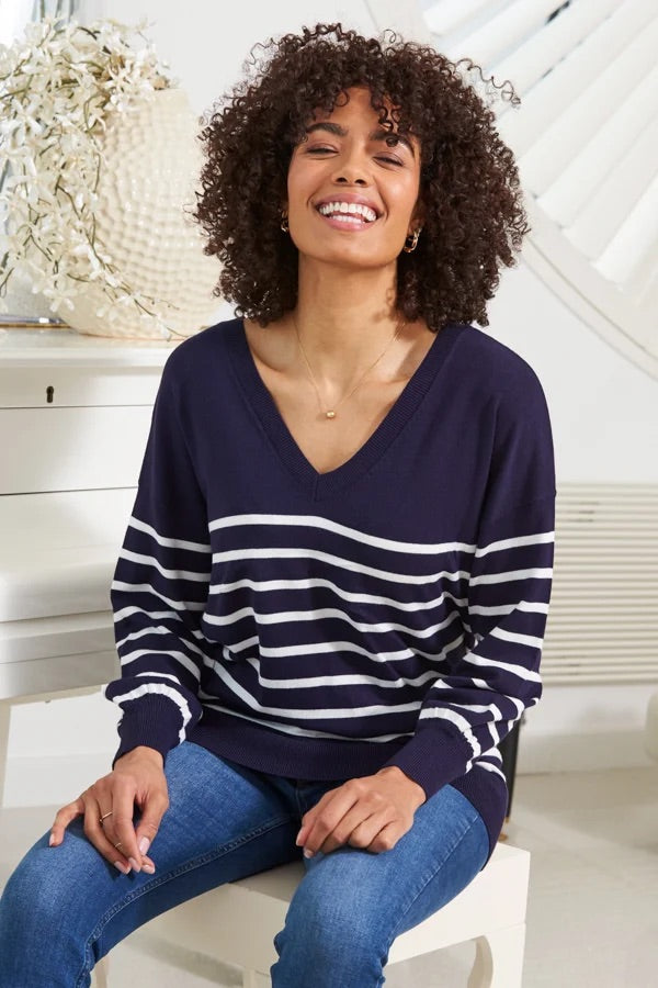 b.young Navy & White Stripe V-Neck Sweater
